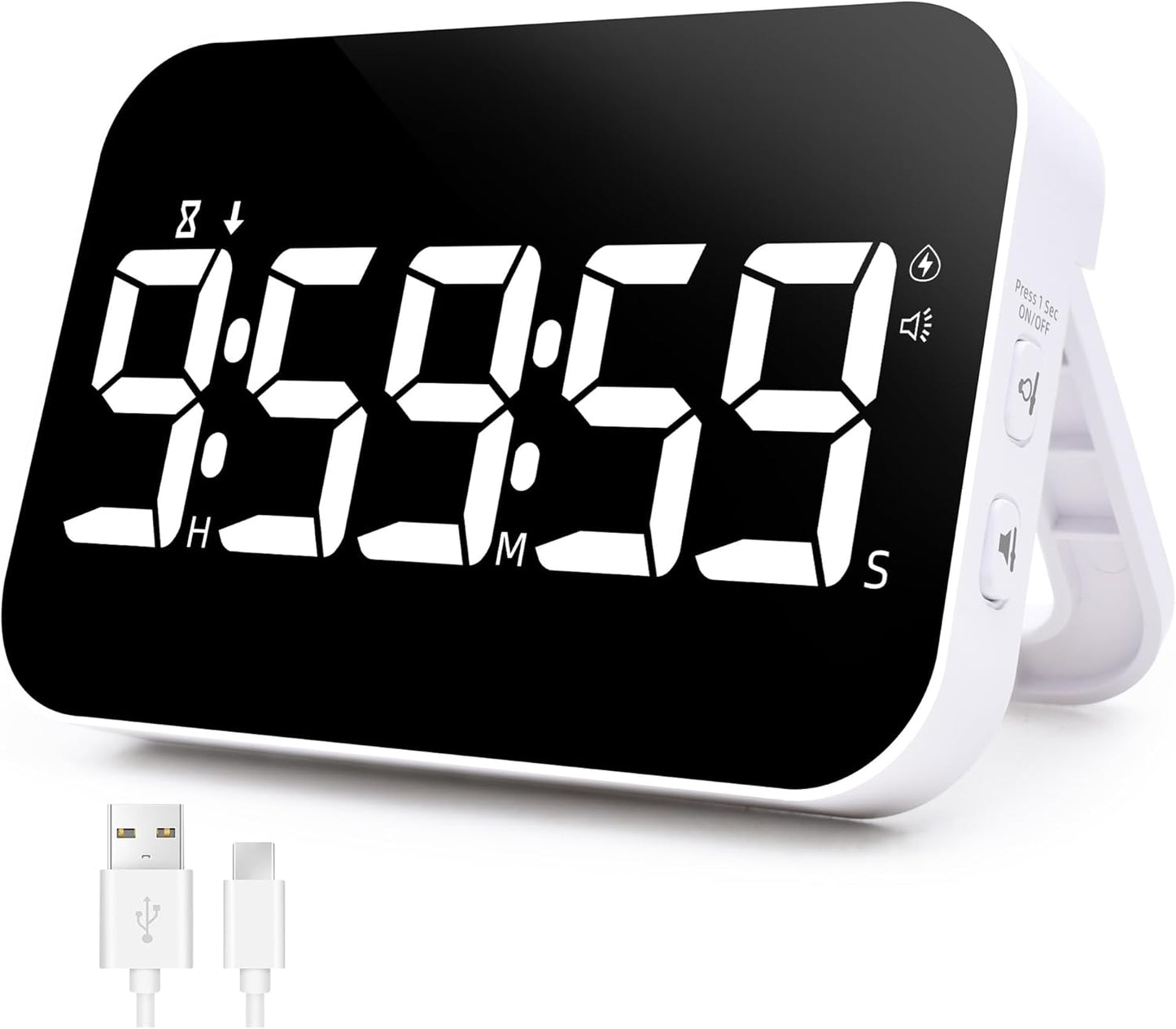 Kitchen Digital Timer, Rechargeable Magnetic Timers with Countdown/up, Kids Timer with 5”LED Display 3 Brightness 4 Volume Adjustable for Classroom/Office/Home/Work/Study/Fitness/Game-White