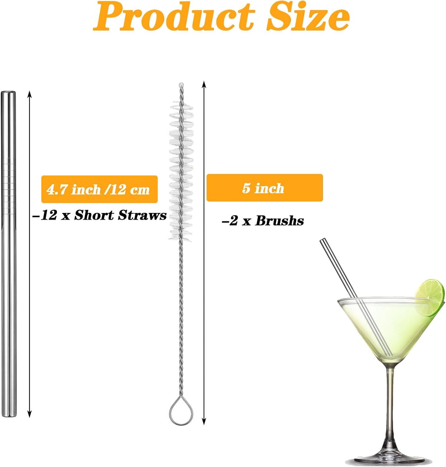 JIEYAO 12 Pack 4.7 Inch Short Metal Cocktail Straws, Reusable Stainless Steel Straws with Cleaning Brush Drinking Straws for Coffee Cocktails Small Glasses or Cups