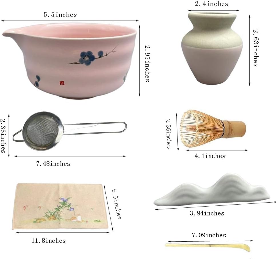 matcha whisk set,matcha set, including matcha bowl, matcha whisk and stand, sieve, spoon, cloth mat, gift for matcha lovers (pink)