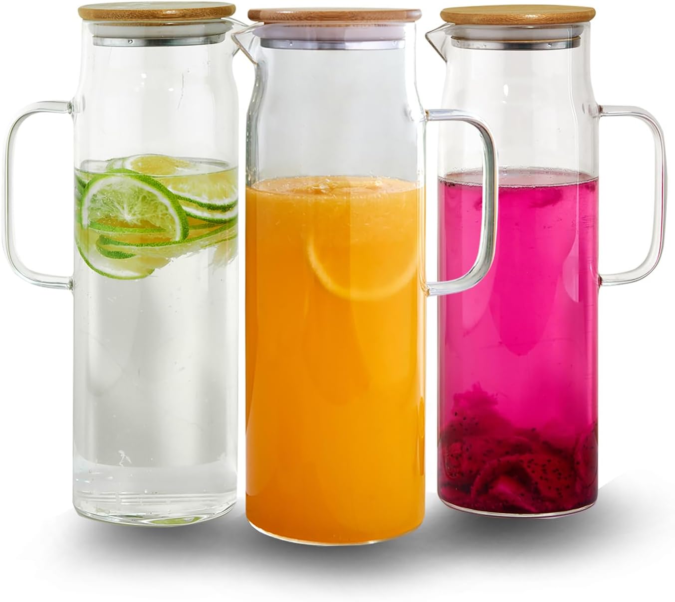 50oz Glass Pitcher with Lid, Glass Water Carafe with Handle, Fridge Water Jug Cold or Hot Beverages, Iced Tea, Milk, Juice (set of 3)