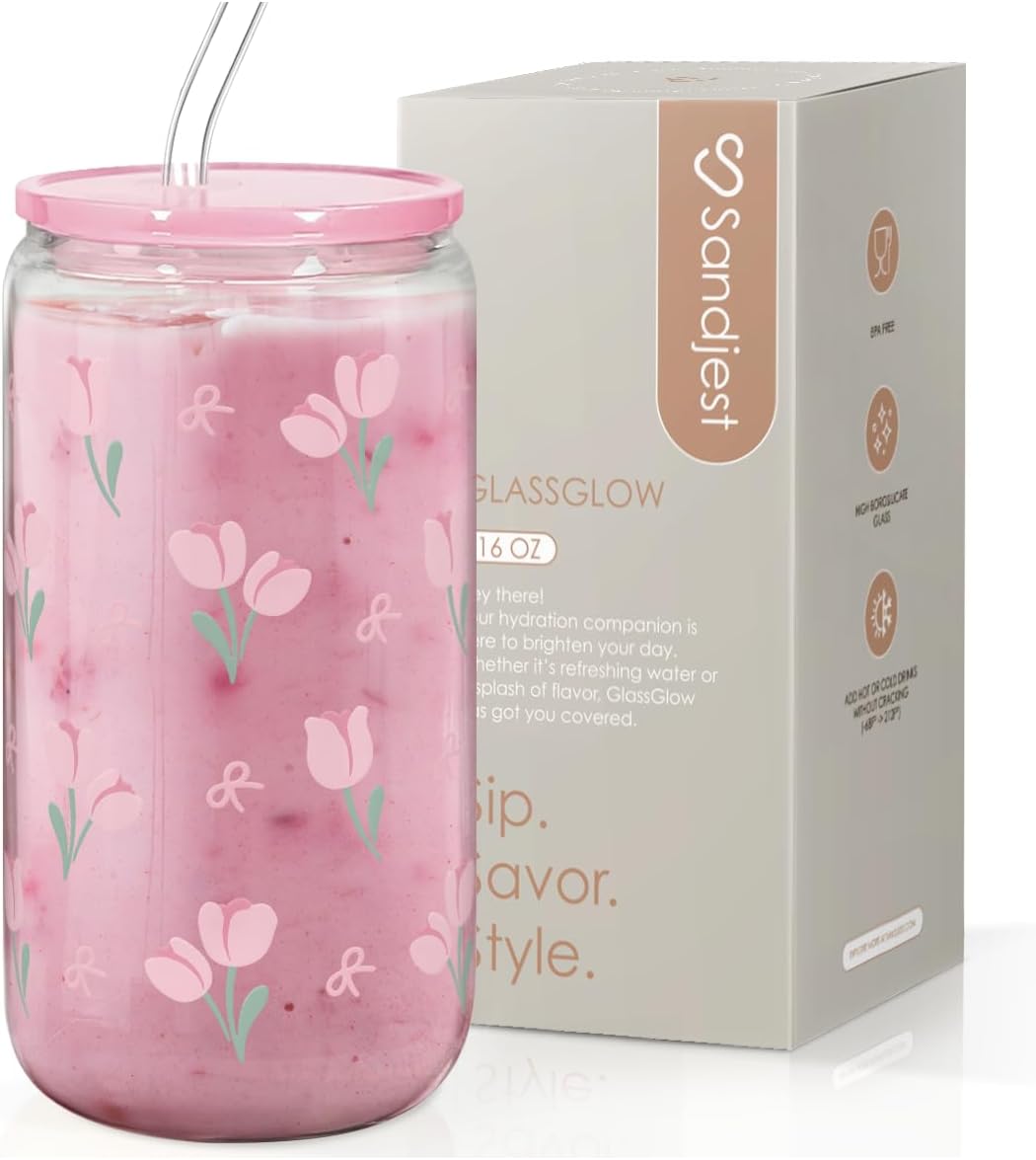 SANDJEST Floral Glass Can, Tulip Iced Coffee Aesthetic Cup, Gift for Christmas Birthday, Gifts for Women Girls, 16oz