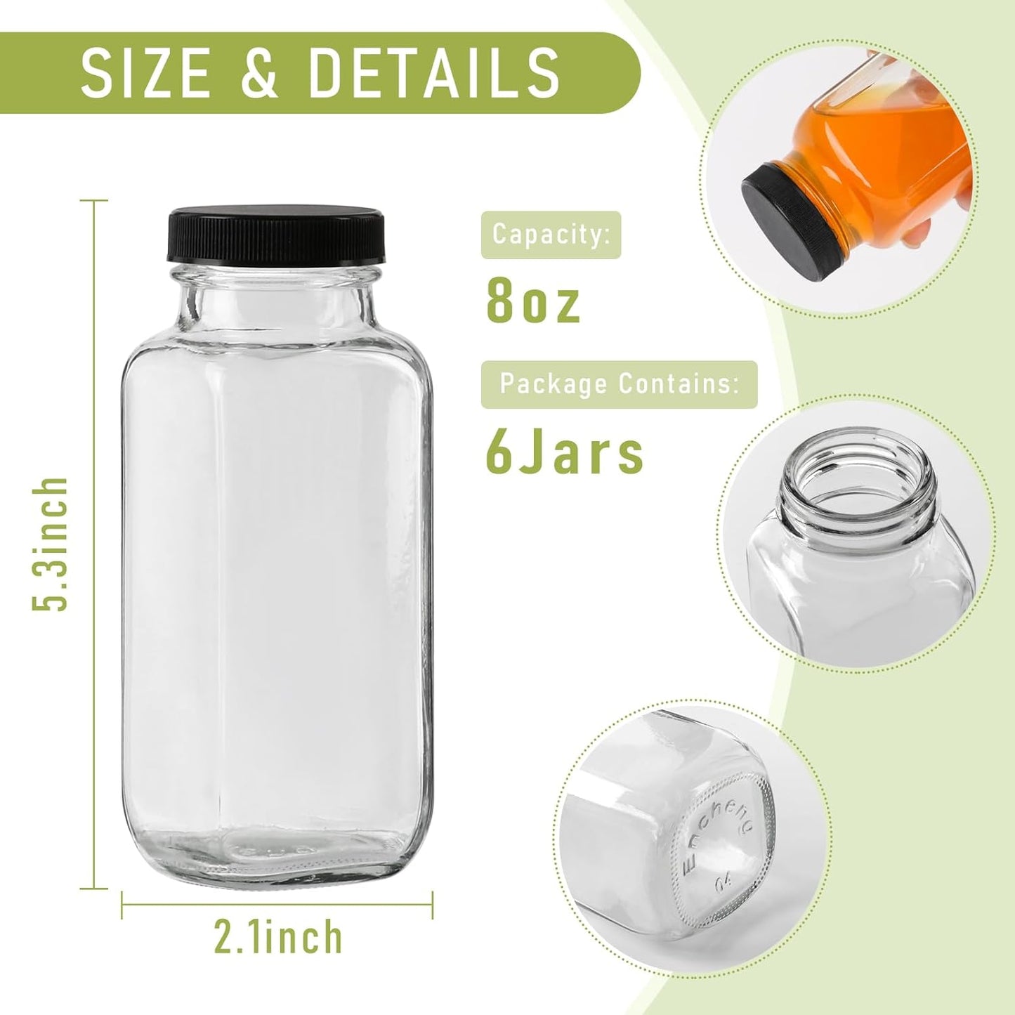 SZUAH 8 oz Glass Juice Bottles with Lids 6 Pack,Reusable Water Bottle,Juicing Bottles for Smoothies, Milk, Storage, Small and portable(240ml，Set of 6)