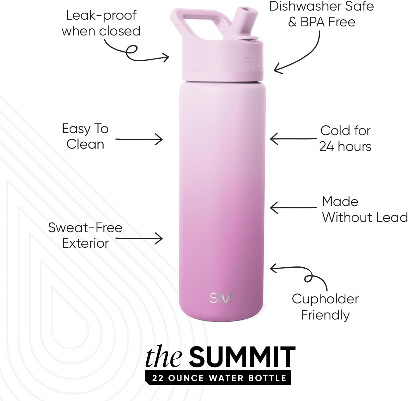 Simple Modern Water Bottle with Straw Lid | Vacuum Insulated Stainless Steel Metal | Reusable Leak Proof BPA-Free Cup for School | Summit Collection | 22oz, Violet Dreams