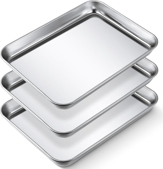 3 Pcs Baking Sheet Pan Set 9 x 6.7 x 1 Inches Cookie Sheet Small Toaster Oven Stainless Steel Tray Barbecue Grill Rectangle Trays, Non-stick, Easy Clean