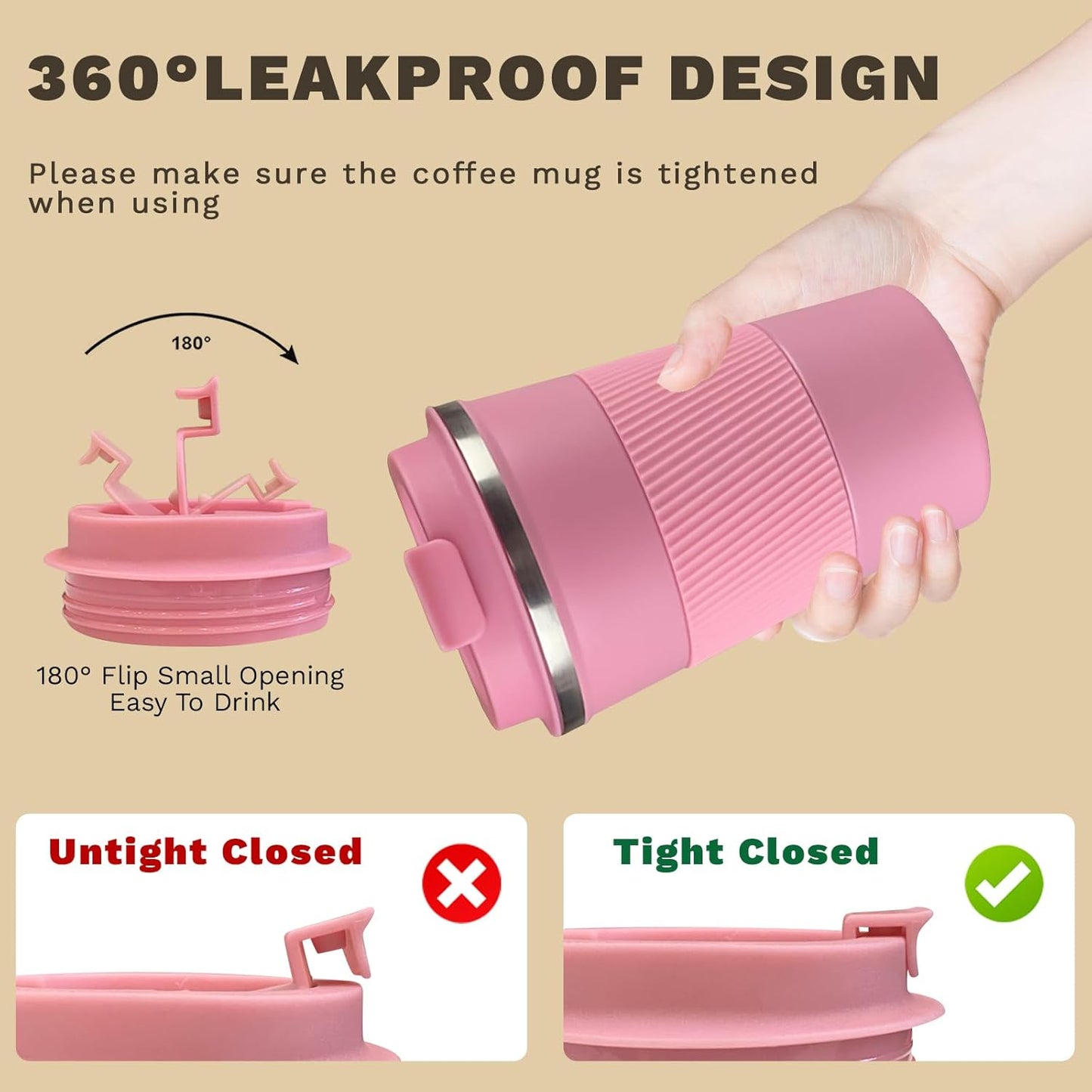 Vacuum-Insulated Stainless Steel Travel Coffee Mug, Leak-Proof Reusable Coffee Cup with Lid - Keep Hot & Cold Drinks for Hours, Durable Thermos Tumbler for Men & Women (3rd-Pink, 12OZ)