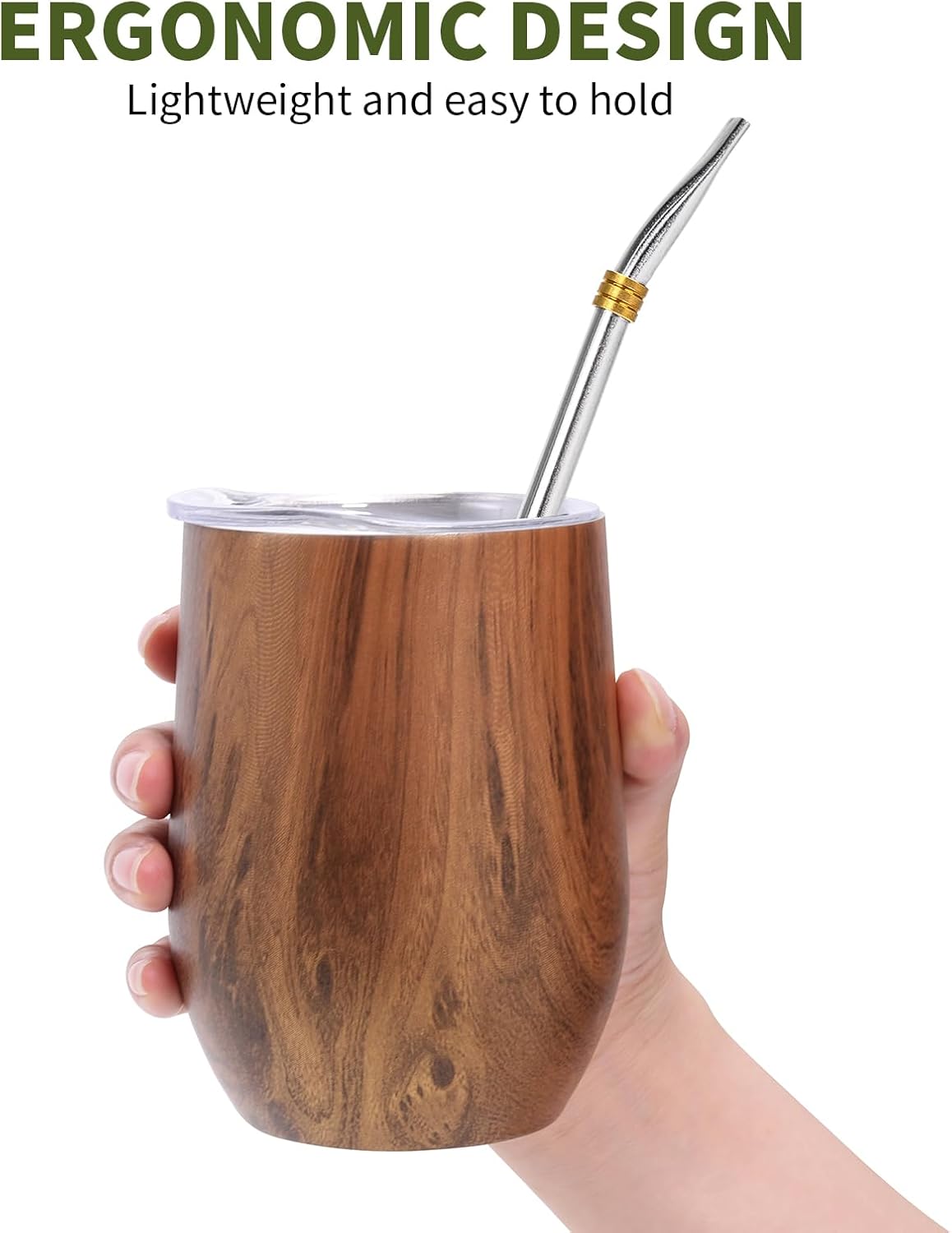 Yerba Mate Cup with Lid, 2 Bombillas, Cleaning Brush, 11.8oz Stainless Steel Double-Wall Insulated Gourd (Wood)