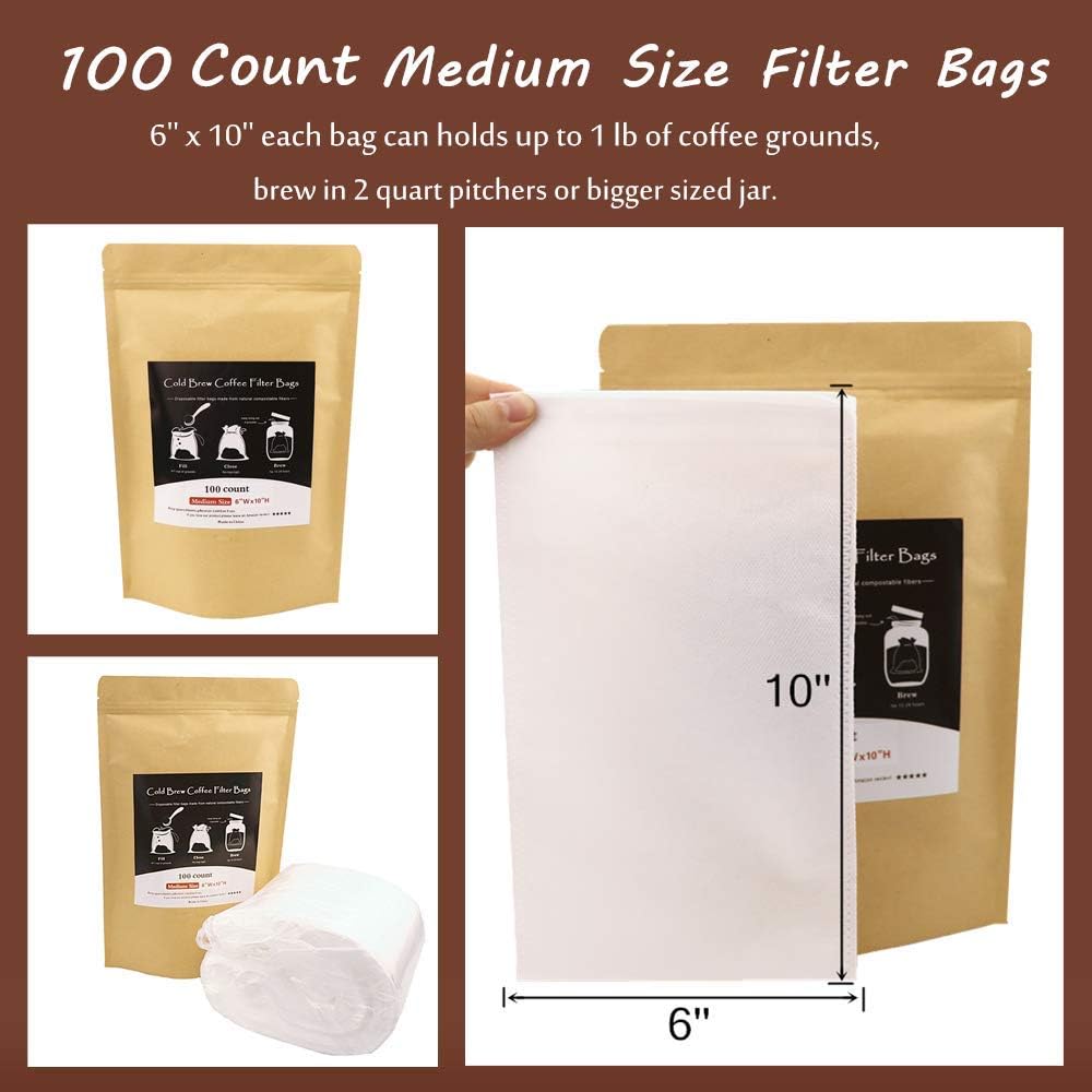 Disposable Cold Brew Coffee Filters - 100 Count Single Use Filter Sock Packs Sturdy Fine Mesh Brewing Bags for Concentrate, Iced Coffee Maker, French/Cold Press Kit, Tea in Mason Jar, 6'' x 10''
