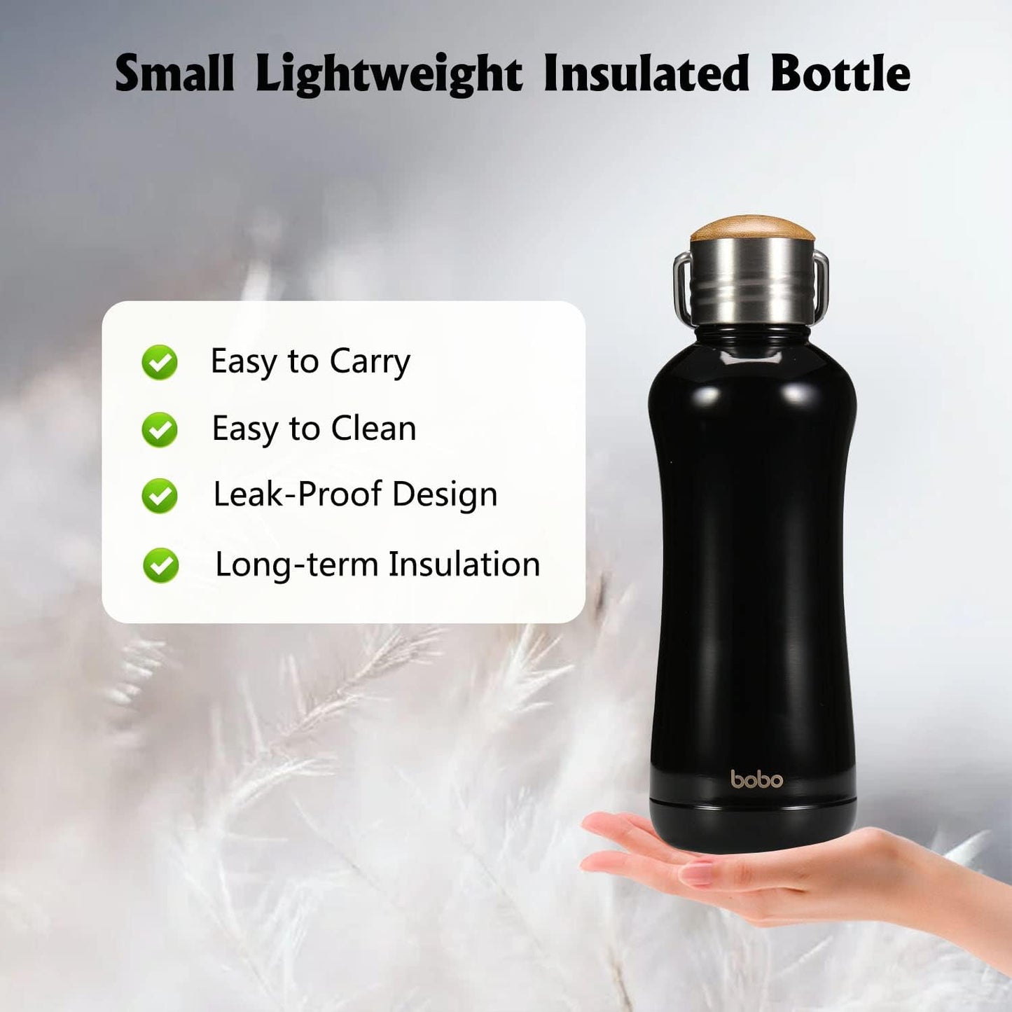 YOHKOH Mini Insulated Water Bottle With Bamboo Lid - 11.8oz Small Vacuum Insulated Water Bottle for Women Kids, 12 Hrs Hot & 24 Hrs Cold Stainless Steel Thermos Leak-Proof BPA-Free (11.8oz,Black)