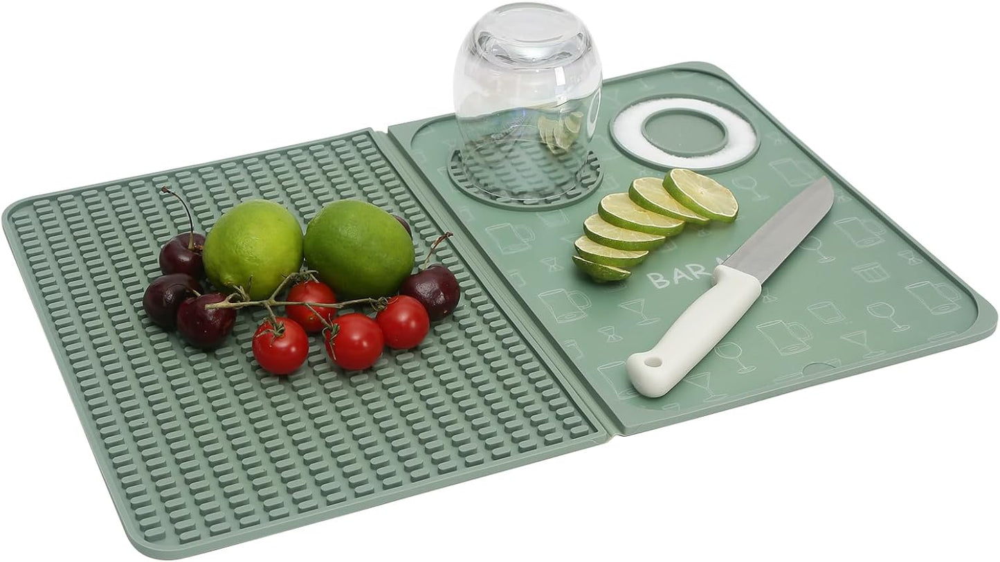 Foldable Bar Mat 18x12 inch - 3-in-1 Silicone Drying Mat with Removable Cutting Board & Rim Tray | Countertop Protector for Home, Outdoor, Travel | Professional Cocktail Accessories (green)