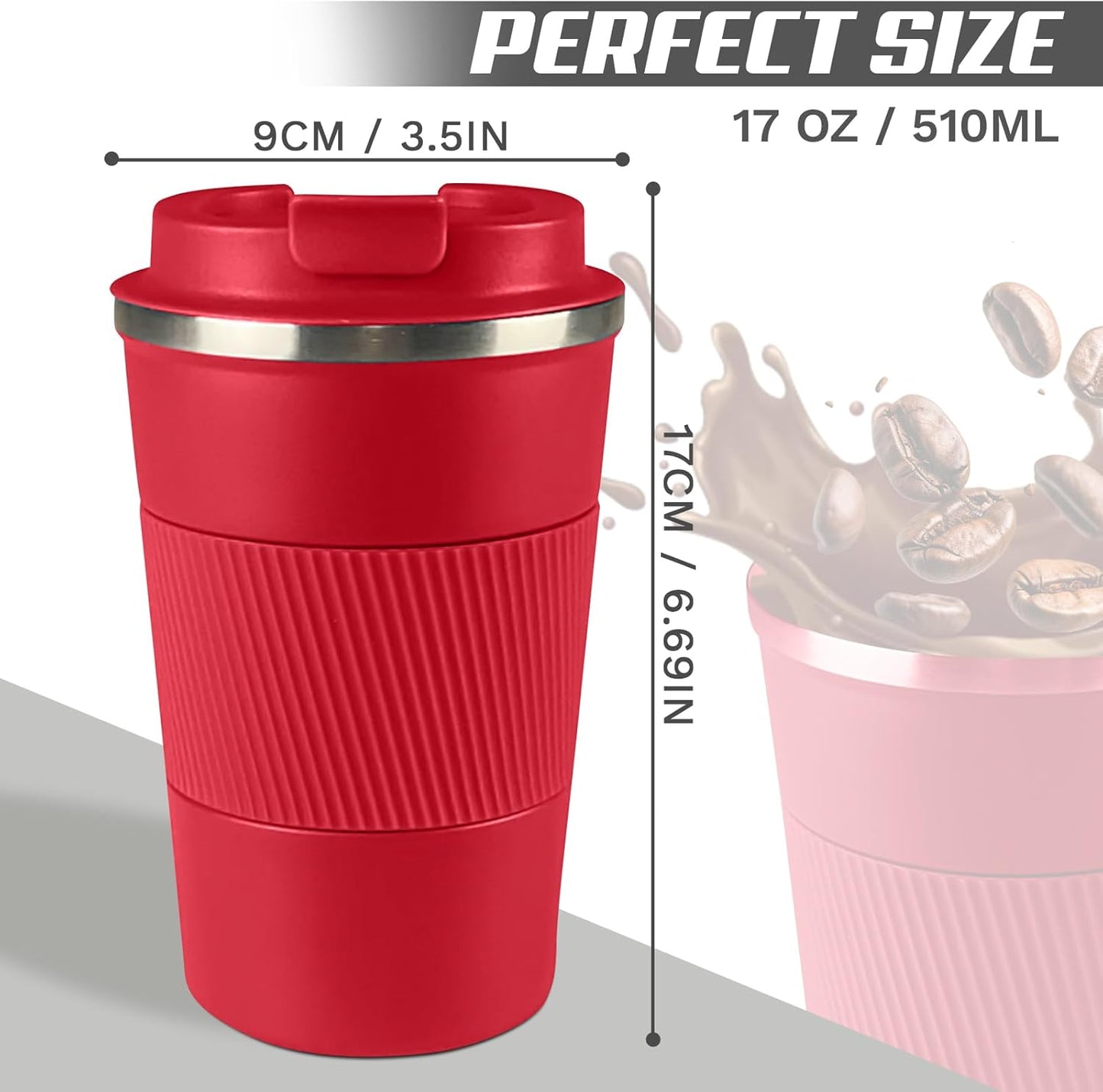 Vacuum-Insulated Stainless Steel Travel Coffee Mug, Leak-Proof Reusable Coffee Cup with Lid - Keep Hot & Cold Drinks for Hours, Durable Thermos Tumbler for Men & Women (3rd-Red, 17OZ)