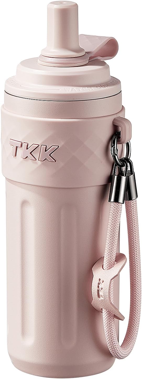 TKK 17 OZ Travel Tumbler Ceramic Lining with Straw Lid, Stainless Steel Vacuum Insulated Double Wall Coffee Tumbler, Leak Proof Iced Water Bottle with Carry Strap for Hot & Cold Drinks, Pink