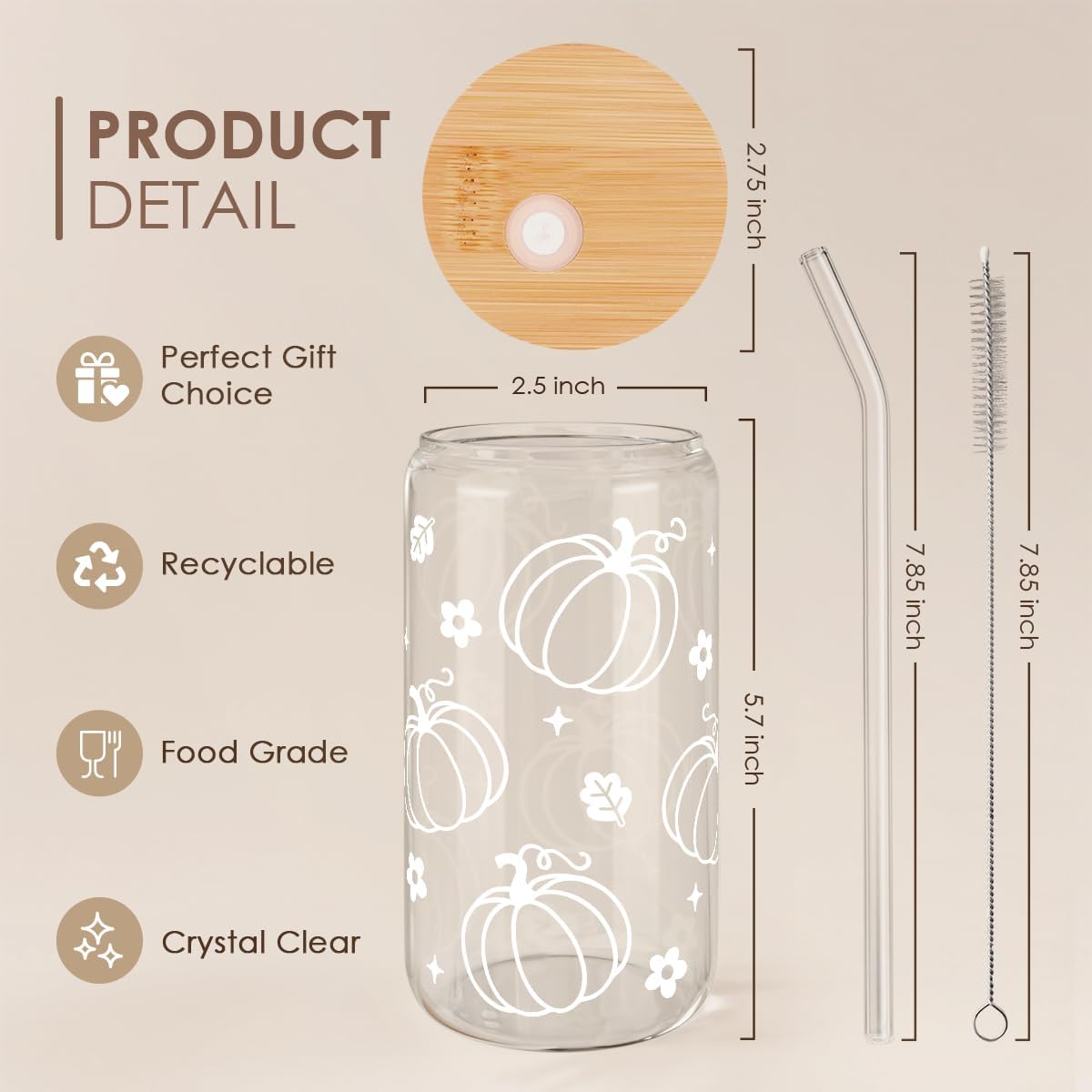 Pumpkin 16oz Can Glass Tumbler with Acrylic Lid & Straw, Iced Coffee Cup for Women Girls, Fall Aesthetic Cups Gifts