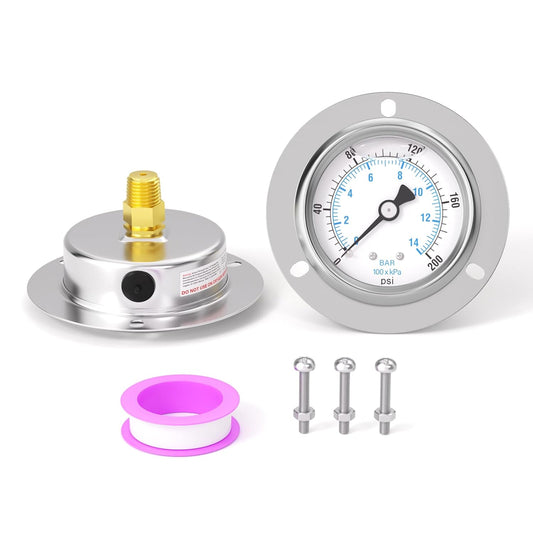 0-200PSI Panel Mount Front Flanged Glycerin Filled Pressure Gauge, 2.5" Dial Size, 1/4" MNPT Back Mount, Stainless Steel Case, with Phillips Screw and Nut, for Water, Gas, Liquid Pressure