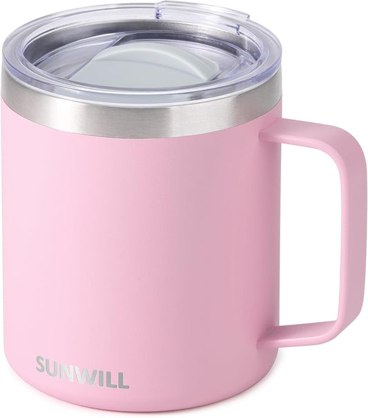 SUNWILL Insulated Coffee Mug with Lid, Travel Tumbler Reusable, 14 oz Stainless Steel Cup for Camping, Office, Home, Powder Coated Sakura