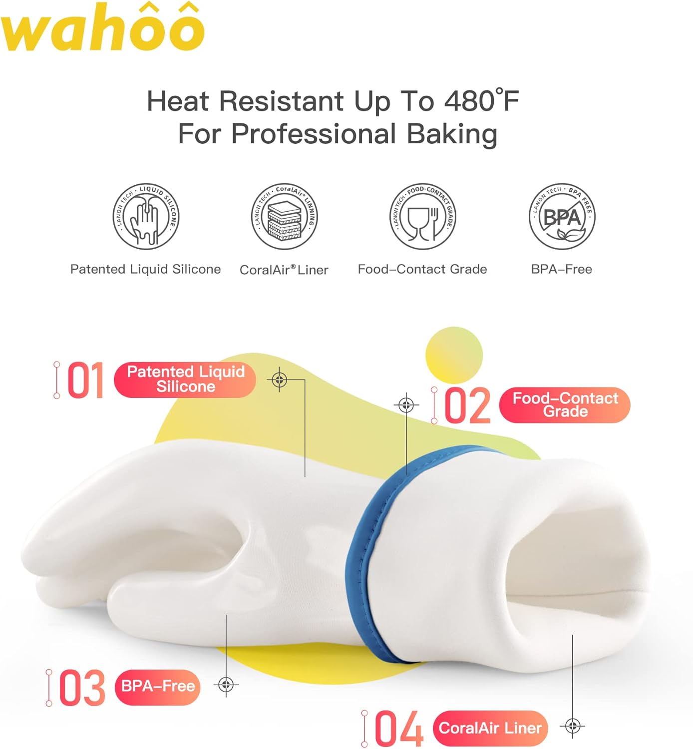 wahoo Professional Liquid Silicone Oven Mitts Gloves, Heat Resistant Gloves for Cooking, Baking, CoralAir Liner, 12 Inch, White, X-Large
