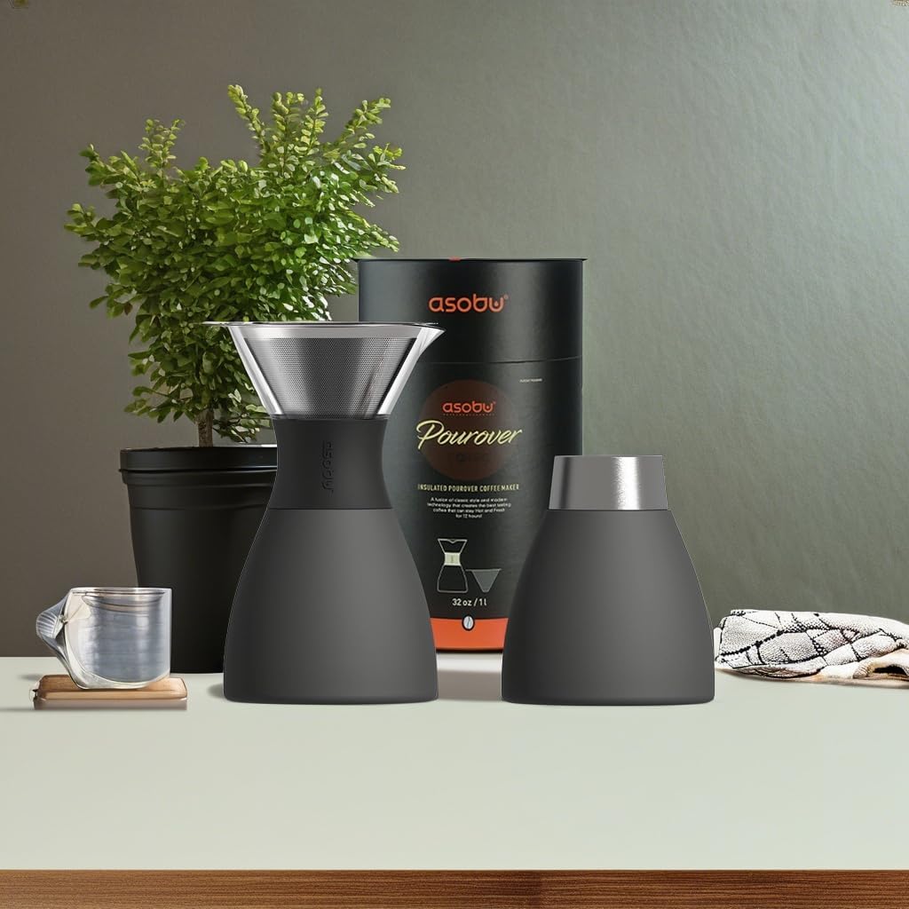 asobu Insulated Pour Over Coffee Maker (32 oz.) Double-Wall Vacuum, Stainless-Steel Filter and Take on the Go Carafe (Smoke)