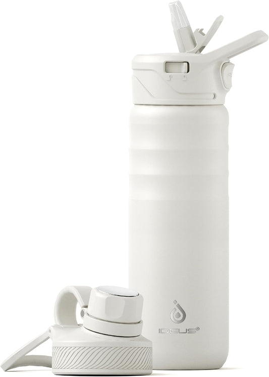 IDEUS Insulated Stainless Steel Water Bottle with 2 Leak-Proof Lids, Thermal Water Flask for Hiking Biking, 24oz, White