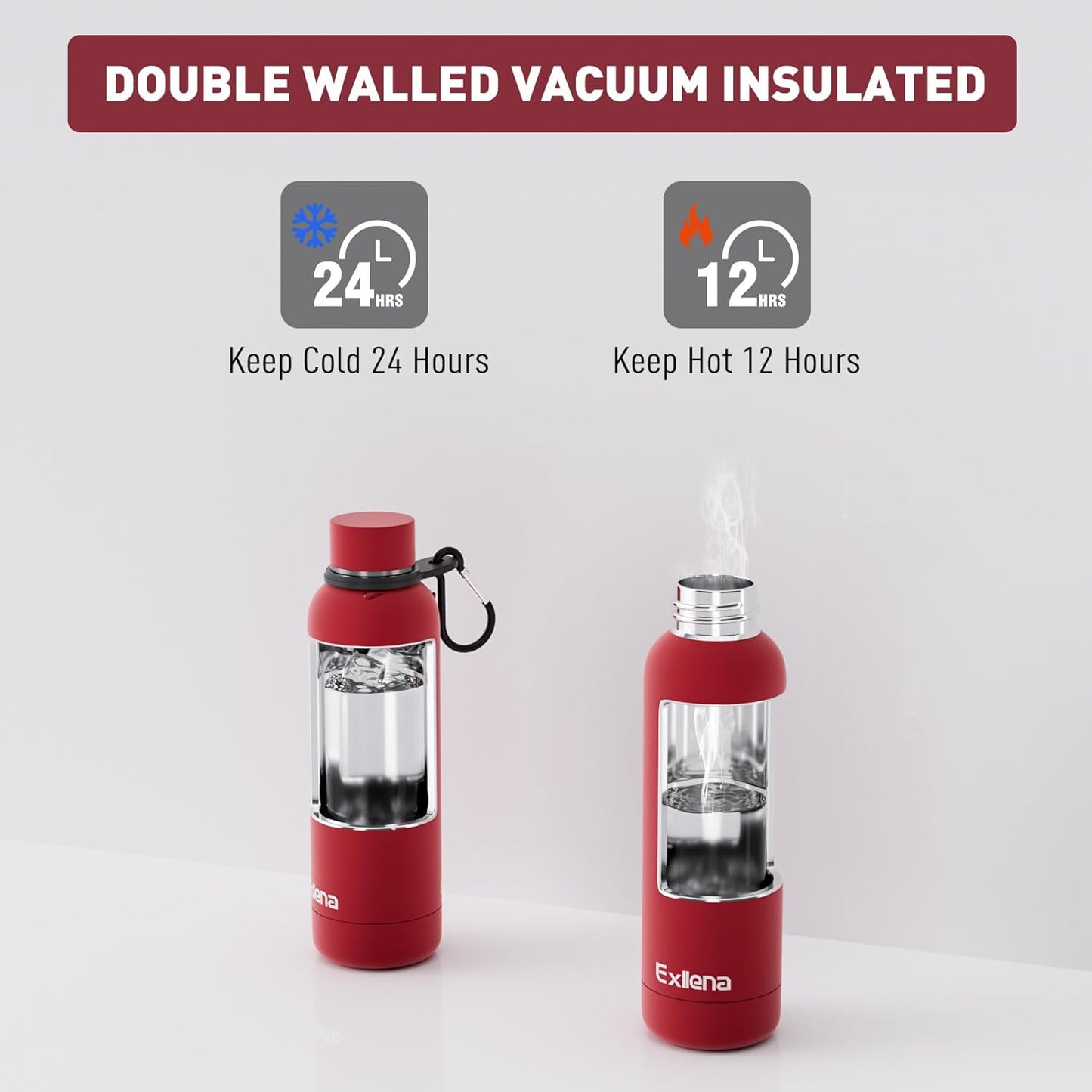 Slim Insulated Water Bottles for Travel 18oz with Clip, Double Wall Vacuum Stainless Steel Water Bottle Keeps Drinks Cold 24 Hrs/Hot 12 Hrs, 100% Leakproof, BPA Free（Red）