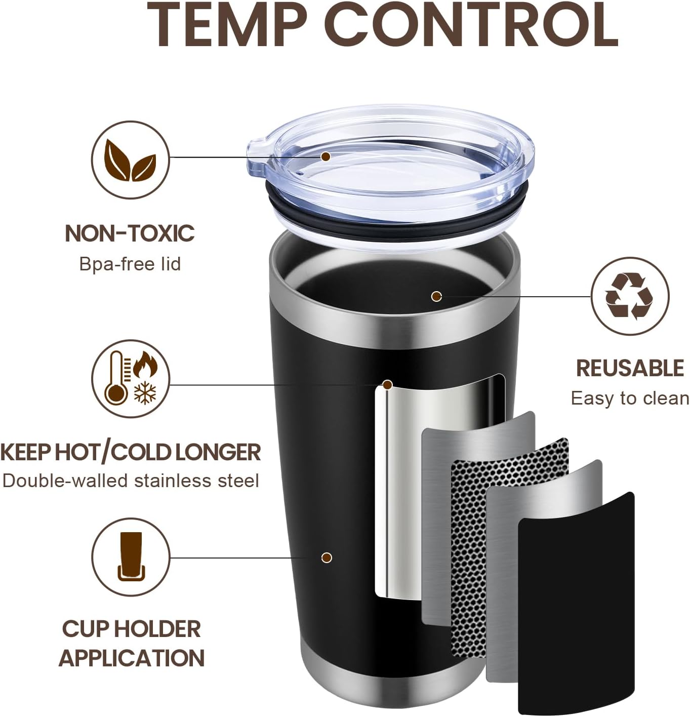 MEWAY 20oz Tumbler Cup Double Wall Vacuum Insulated Travel Mug Bulk, Stainless Steel Tumblers with Lid and Straw, Durable Powder Coated Coffee Cups for Cold & Hot Drinks (Black, 1)