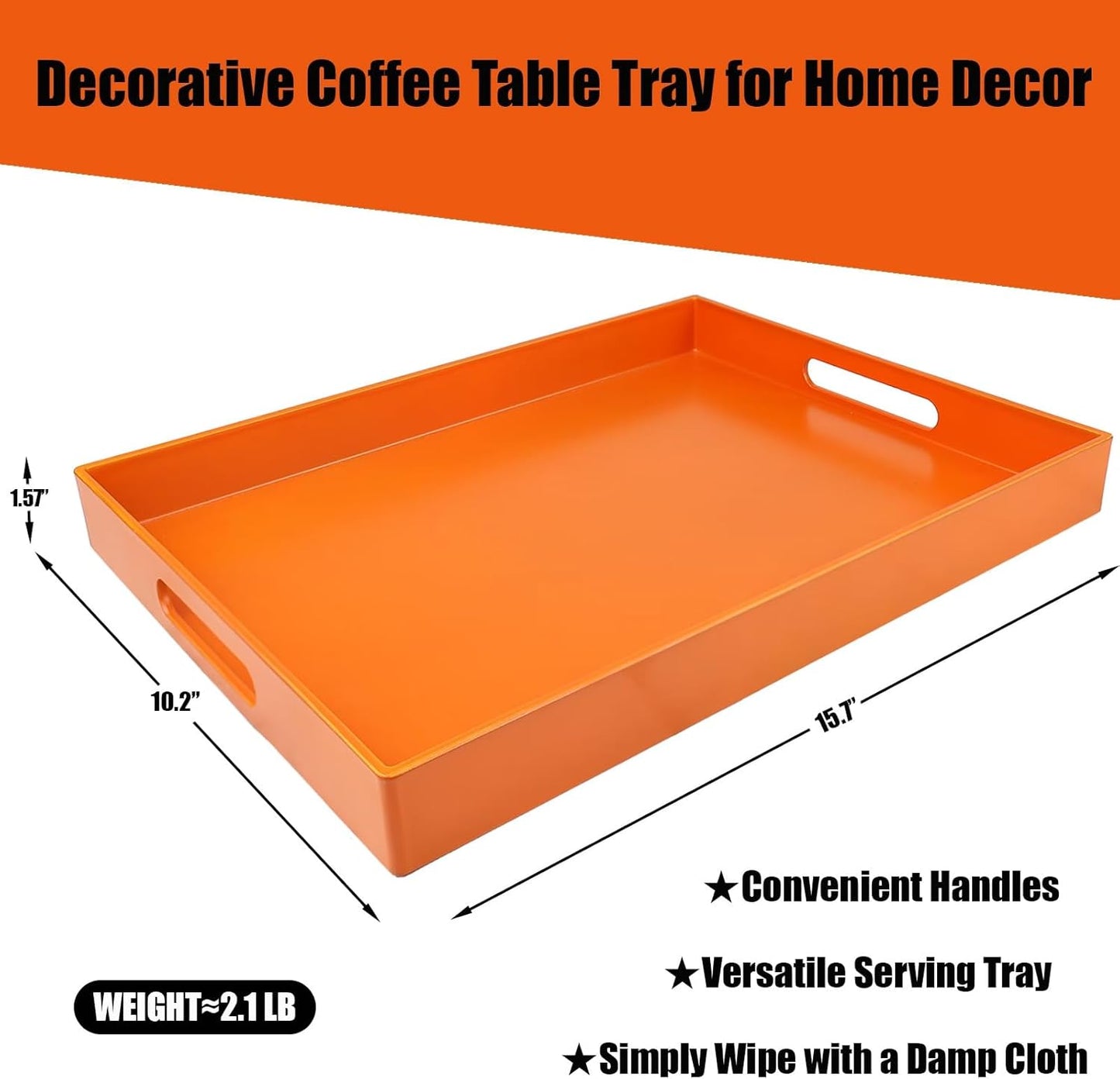Ornage Serving Tray for Coffee Table, Rectangular Plastic Decorative Tray with Handles for Entertaining, Outdoor Patio, Living Room, Ottoman, Bathroom Counter, 11.8”*15.7”*1.6”