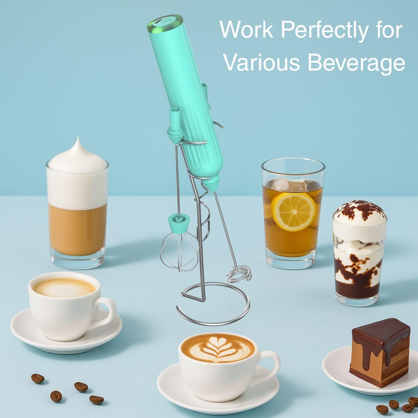 Milk Frother Handheld with 3 Stainless Steel Whisks, Rechargeable Electric Drink Mixer with Stand & Travel Case, Milk Foamer for Coffee, Latte, Cappuccino, Hot Chocolate, Egg,Jam Supplement-Mint