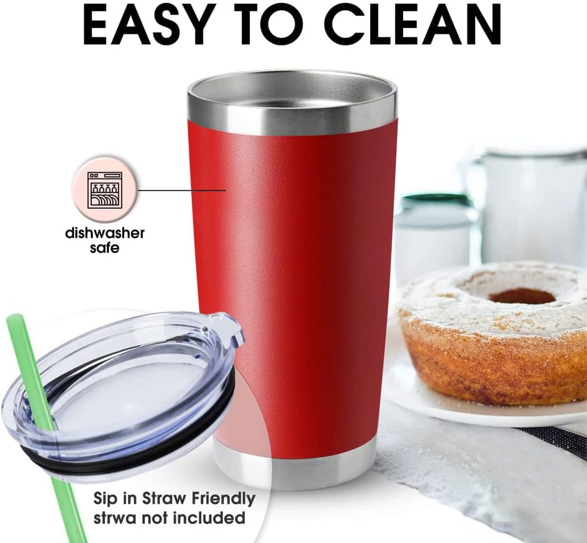 HASLE OUTFITTERS 20oz Tumblers Stainless Steel Mugs with Lid Double Wall Vacuum Insulated Coffee Cups for Cold & Hot Drinks (20oz-Red, 8 Pack)