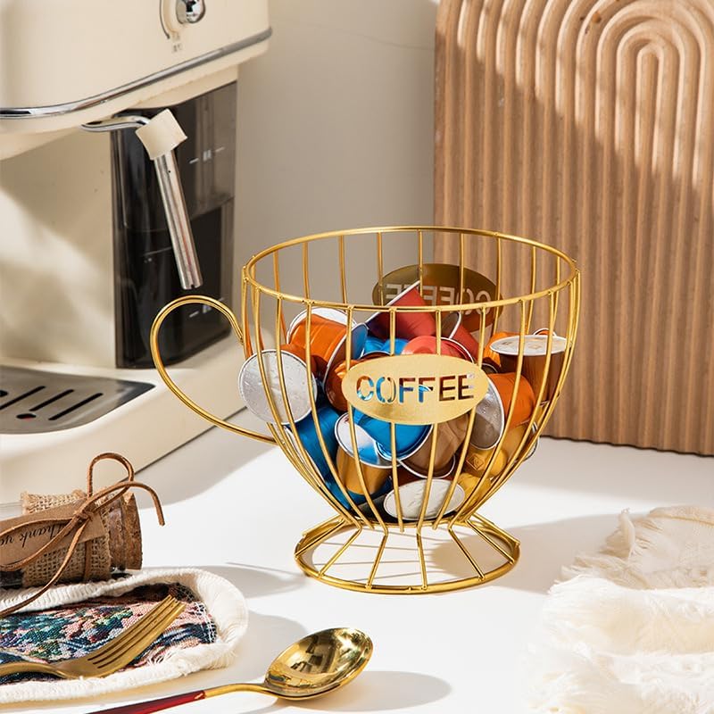 Extra Large Capacity Coffee Pod Holder, Counter Organizer, Capsule Basket, Coffee Bar Accessories for K-cup Kitchen, Dining Room, Office, Home, Cafe, Hotel (Gold)