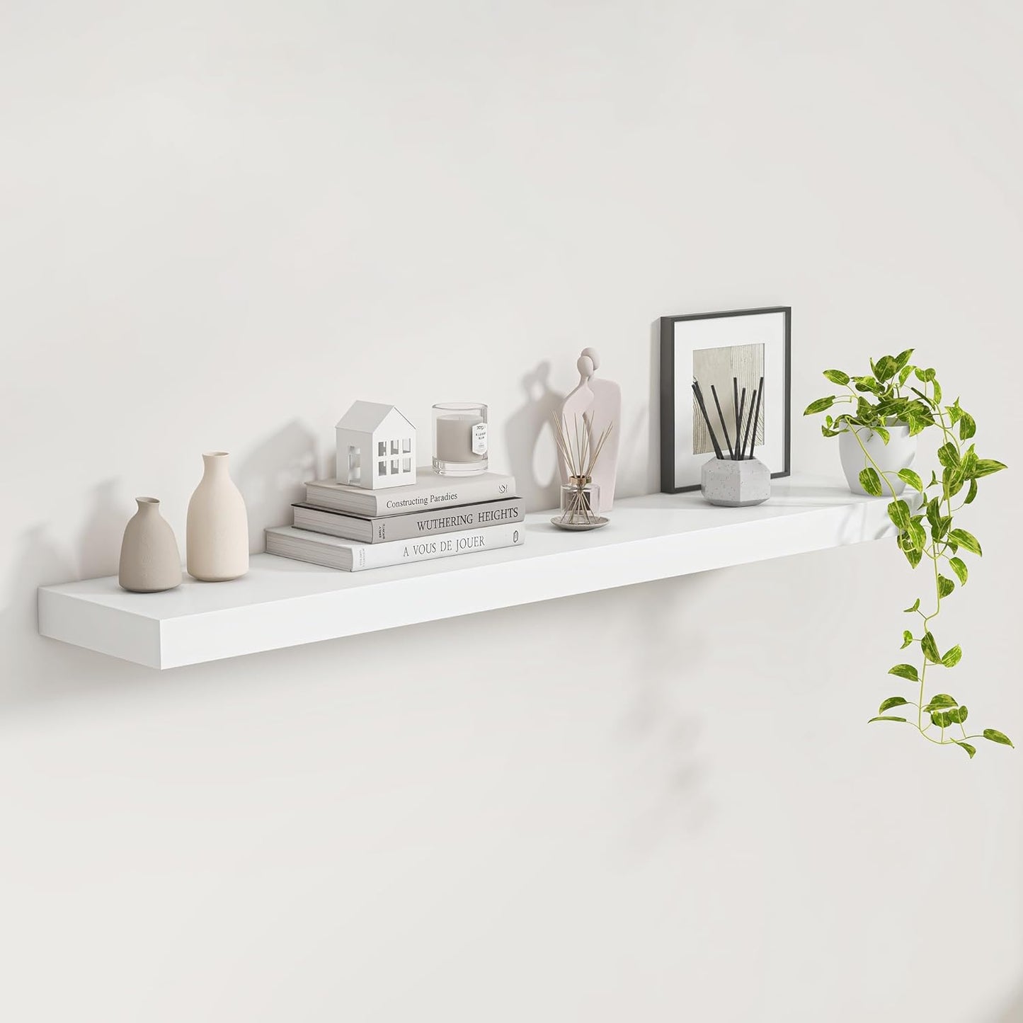 Fun Memories White Floating Shelves 48 InchLong, 9 Inch Deep Floating Shelves, Solid Wood Shelves for Home Decor, Deep Storage & Display Shelves for Living Room, Bathroom, Kitchen, Set of 1