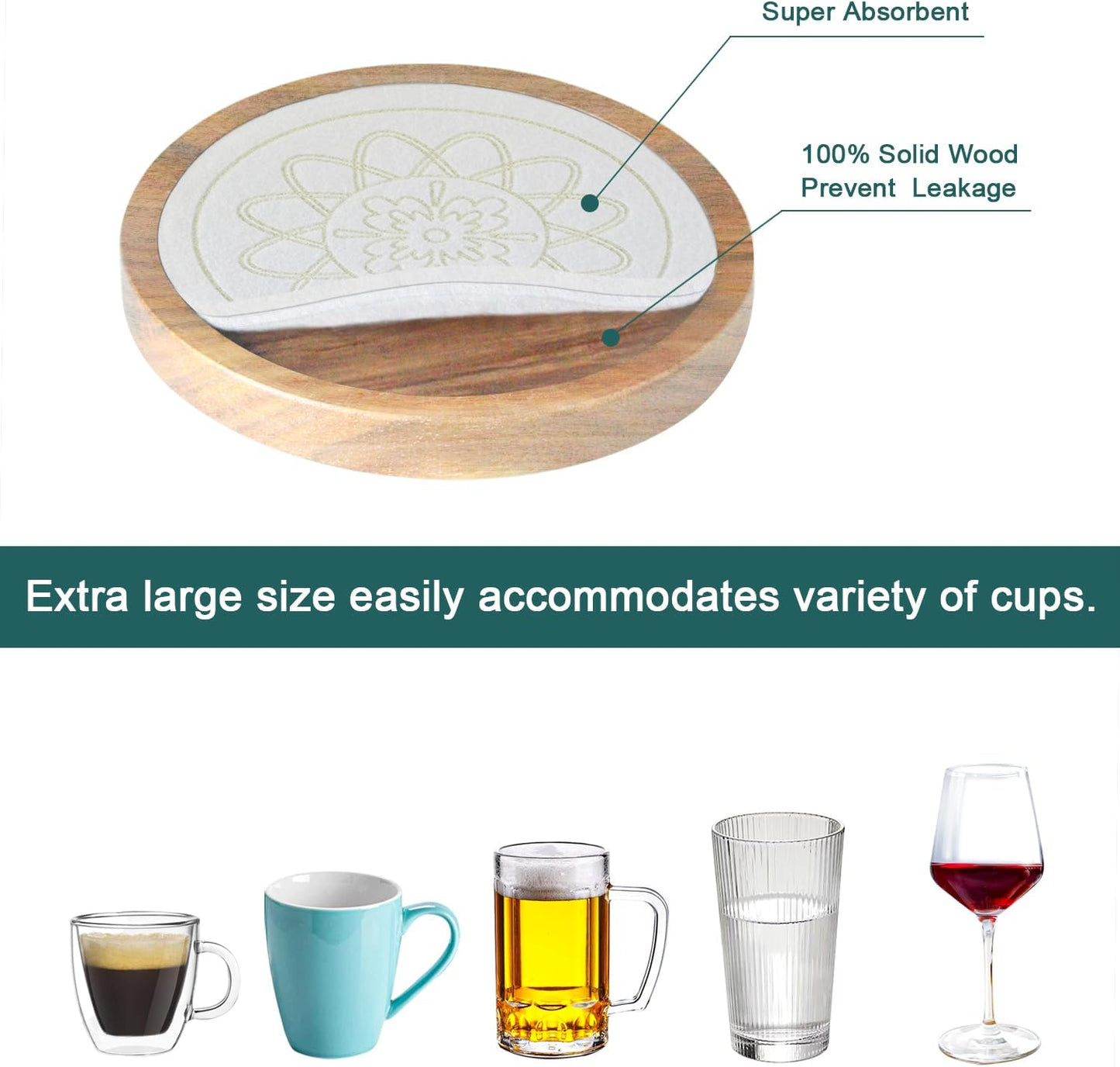 5 Pack Wood Coasters for Drinks, Minacun Absorbent Coaster Set, Drinks Coasters for Coffee Tabletop Protection, Non-Slip, Non-Stick, Suitable for Kinds of Cups Wooden Table Drink, 4.3 Inch White