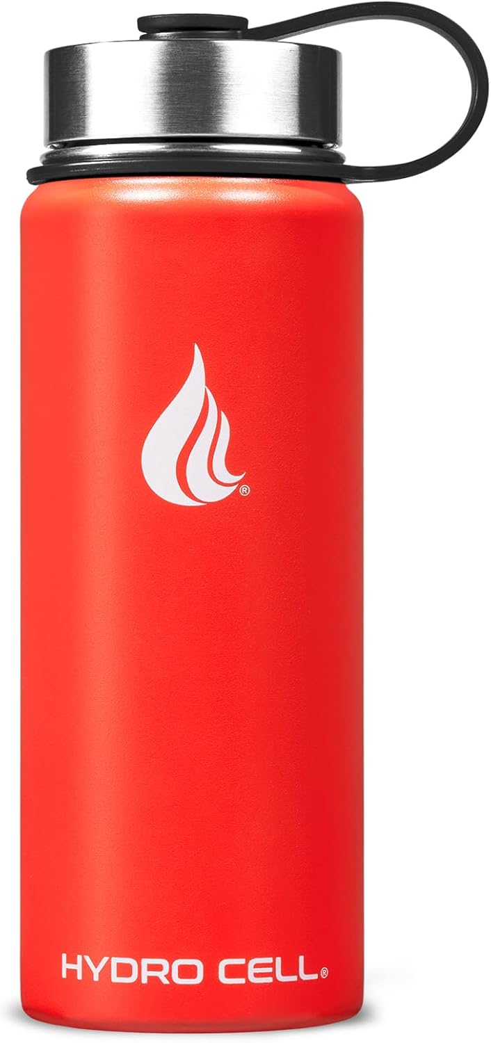 HYDRO CELL Stainless Steel Insulated Water Bottle w/Straw, 2 Lids Metal Vacuum Flask with Modern Leakproof Sport Straw Design (Mandarin 18oz)