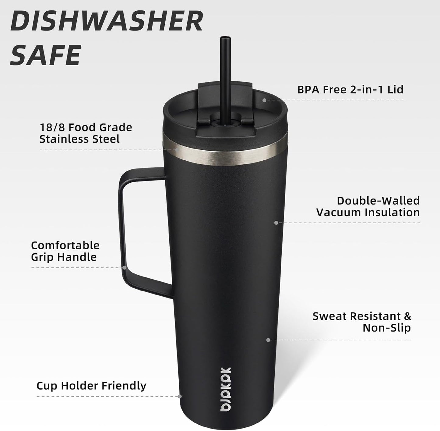 BJPKPK Insulated Tumbler with Handle, 30oz Insulated Tumblers with Lid and Straw, Stainless Steel Metal Water Bottles, Coffee Travel Mugs, Cups, Black