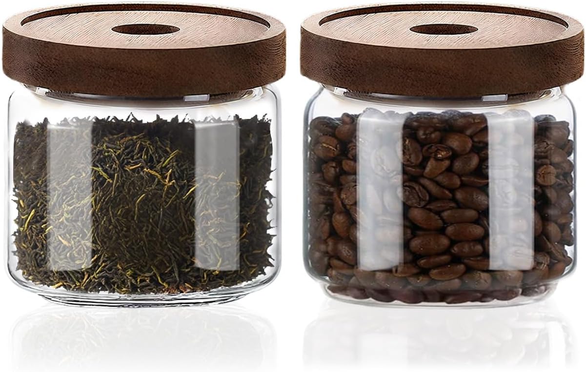 Glass Jars with Airtight Wood Lids - 12 oz Small Kitchen and Pantry Storage Containers, Canisters for Chia Seed, Ground Coffee, Sugar, Spice, Salt, Salad, Matcha, Set of 2