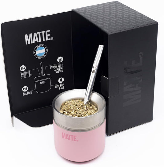 Matte 6.5 oz Yerba Mate Gourd and Bombilla Set - Includes DS Pro Box - BPA Free Yerba Mate Set Kit with Mate Straw, Elegant Design, Non-Slip Base (Pink)