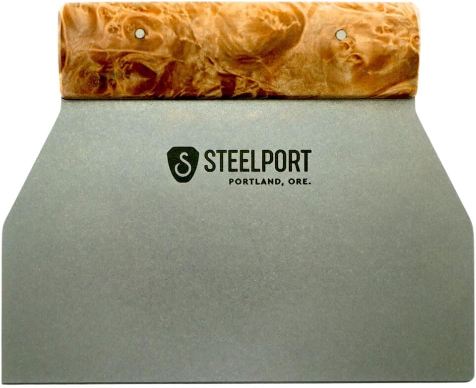 STEELPORT Bench Scraper | USA Made Premium Stainless Steel Dough Cutter & Shaper | Ideal as Bread, Pizza, Pastry Cutter | 18 Gauge Steel Blade, Tapered Oregon Maple Burl Handle | Home & Commercial Use