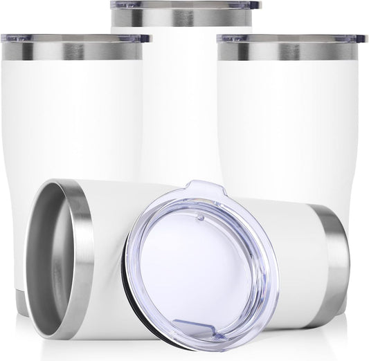 DOMICARE 20oz Tumbler with Lid Stainless Steel Tumblers Bulk, Double Wall Vacuum Insulated Coffee Travel Mug Powder Coated Tumbler, 4 Pack White