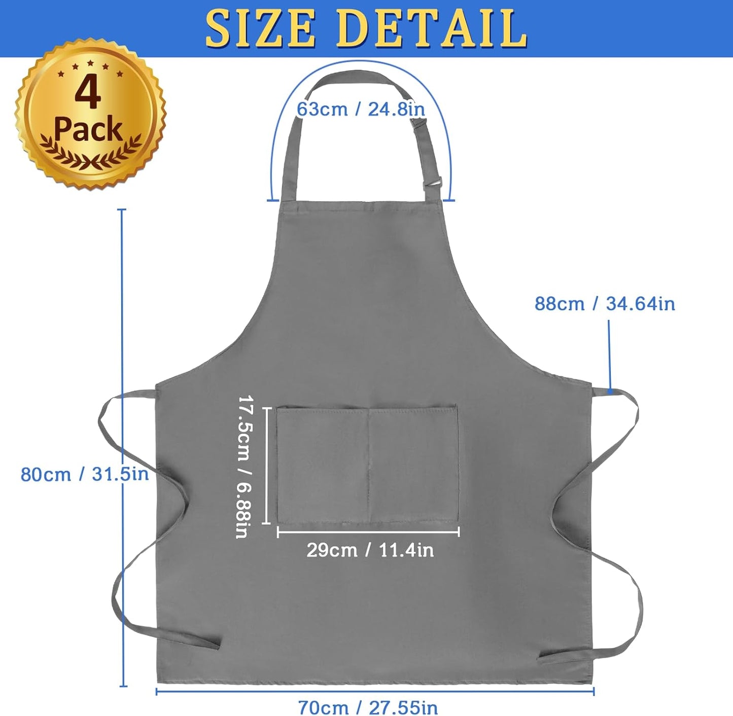 4 Pack Chef Apron, Adjustable Apron with 2 Pockets, Unisex Personalised Apron for Cooking, Kitchen, Restaurant