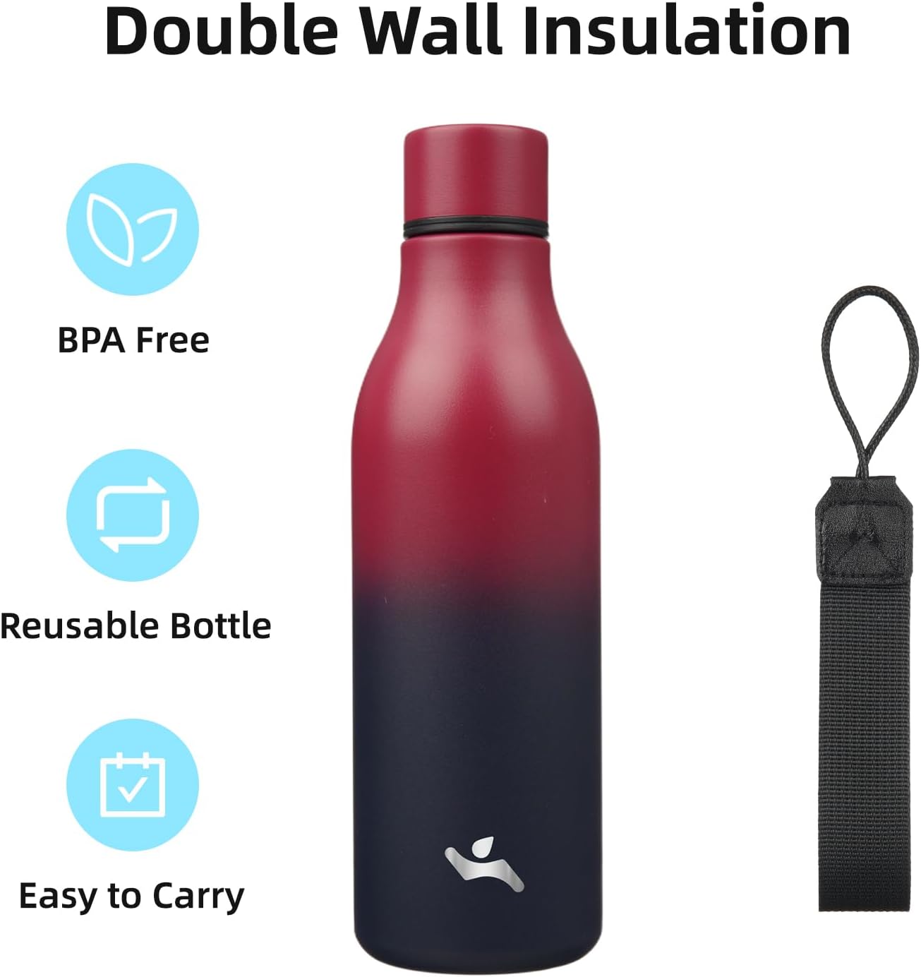 Insulated Water Bottle with Strap,18 oz Double Wall Stainless Steel Vacuum Bottles Metal Water Flask,Rosy Red