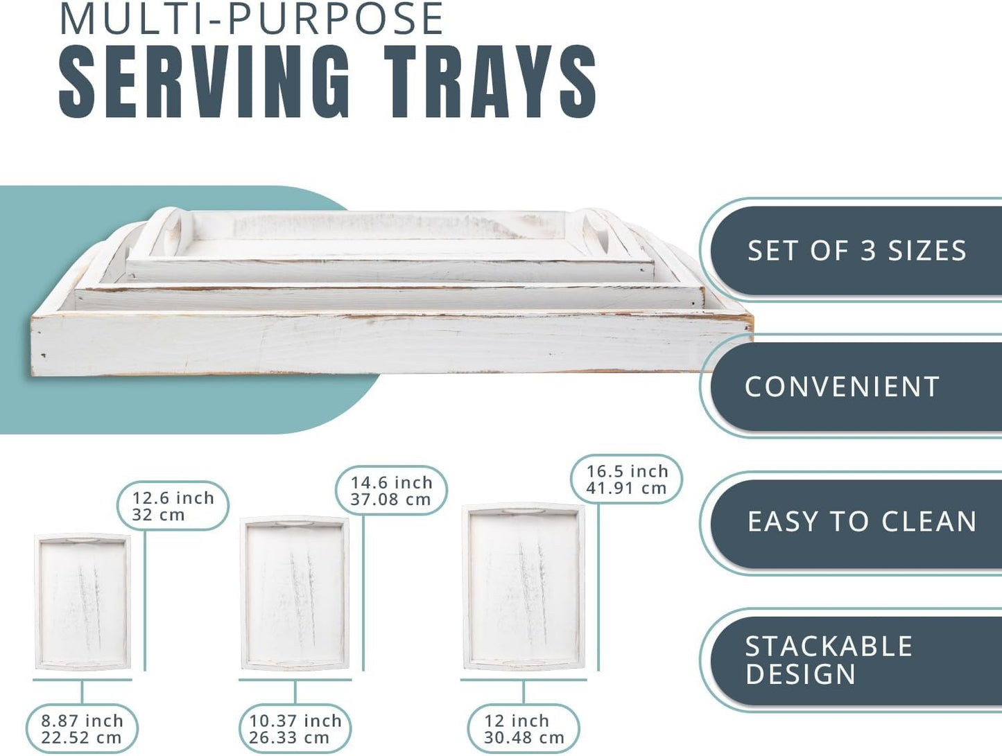 Serving Trays Set of 3 - Ottoman Wood Trays for Entertainment, Food and Decor - Rustic Farmhouse Distressed Wood Finish - Solid White