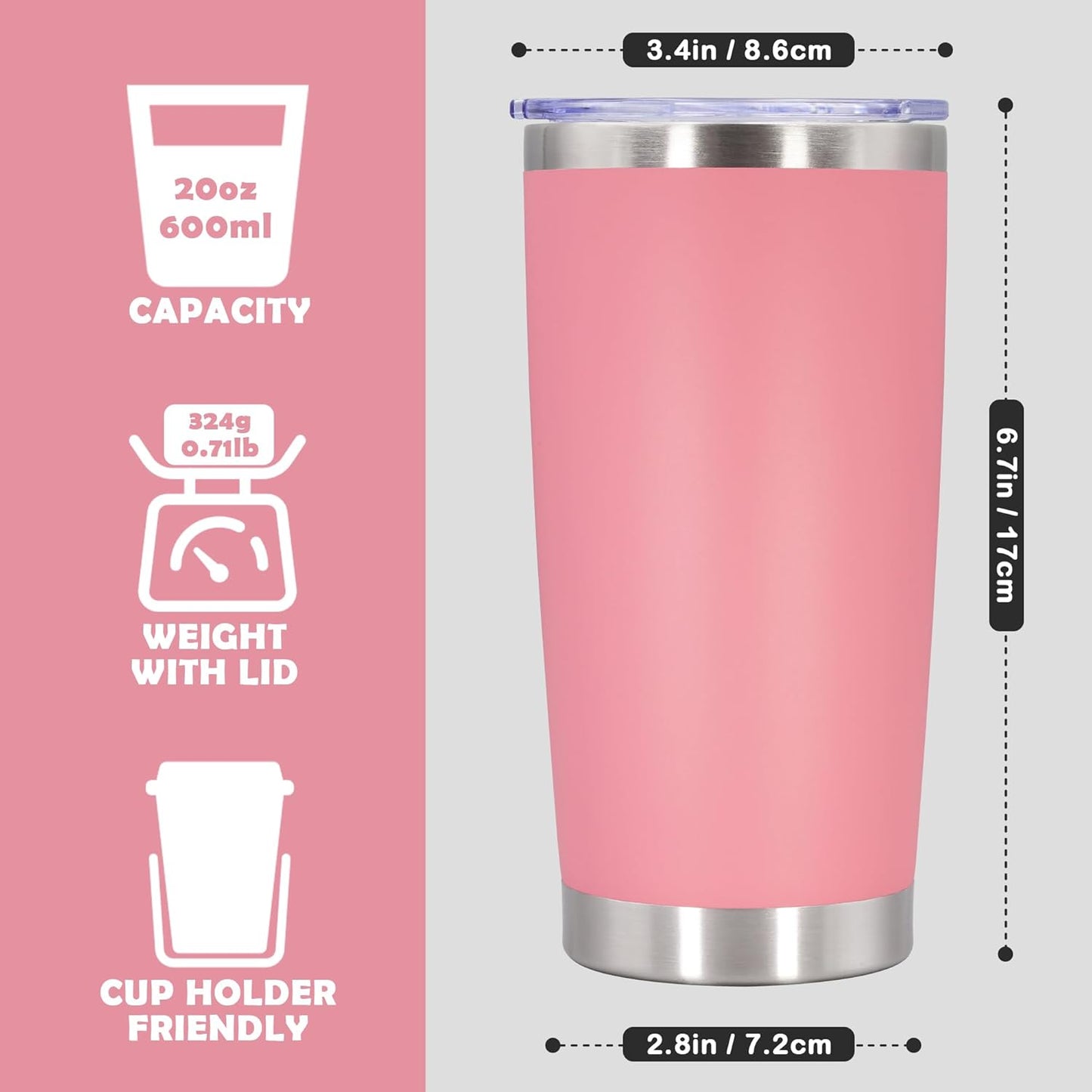 20oz Tumbler Stainless Steel Tumbler Cup with Lid Vacuum Insulated Double Wall Travel Mug, Durable Powder Coated Travel Coffee Tumbler Mug for Hot & Cold Drinks, Pink,1 Pack