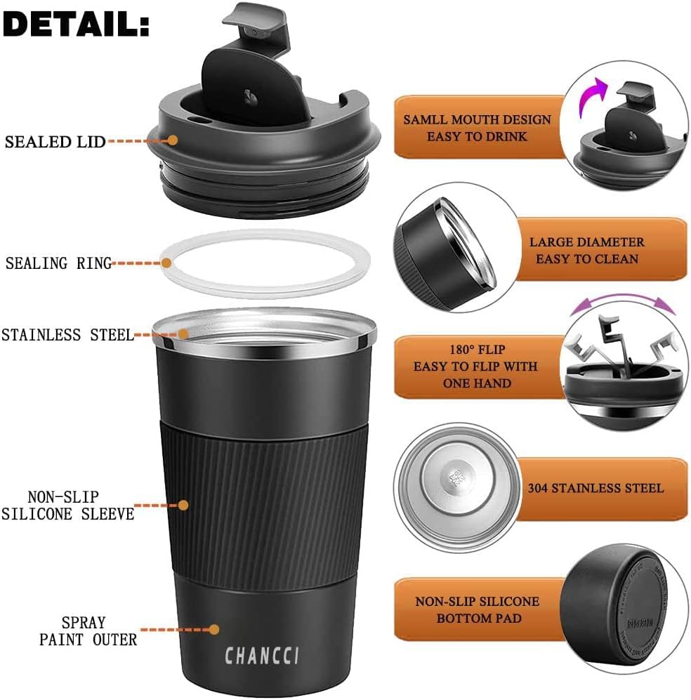 12oz Travel Coffee Mug Spill Proof, Insulated Coffee Mug with Lid, Leakproof Coffee Tumbler,Stainless Steel Vacuum Coffee Cup for Hot/Cold Drinks, Reusable Thermal Coffee Cup -380ml,Black