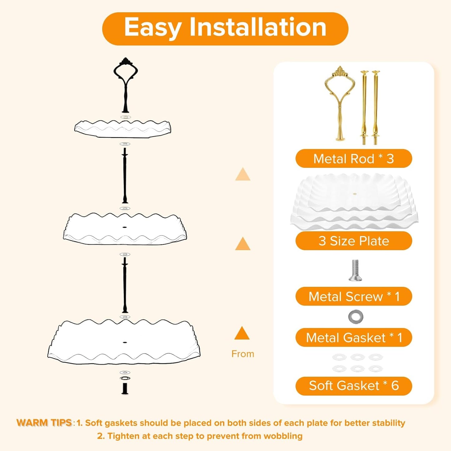 Hoedia 3 Tier Cupcake Stand Tower, Plastic White Cup Cake Holder for Dessert stands, Tiered Serving Tray for Tea Party, Birthday Party, Wedding Decor and Baby Shower(Square Wave)