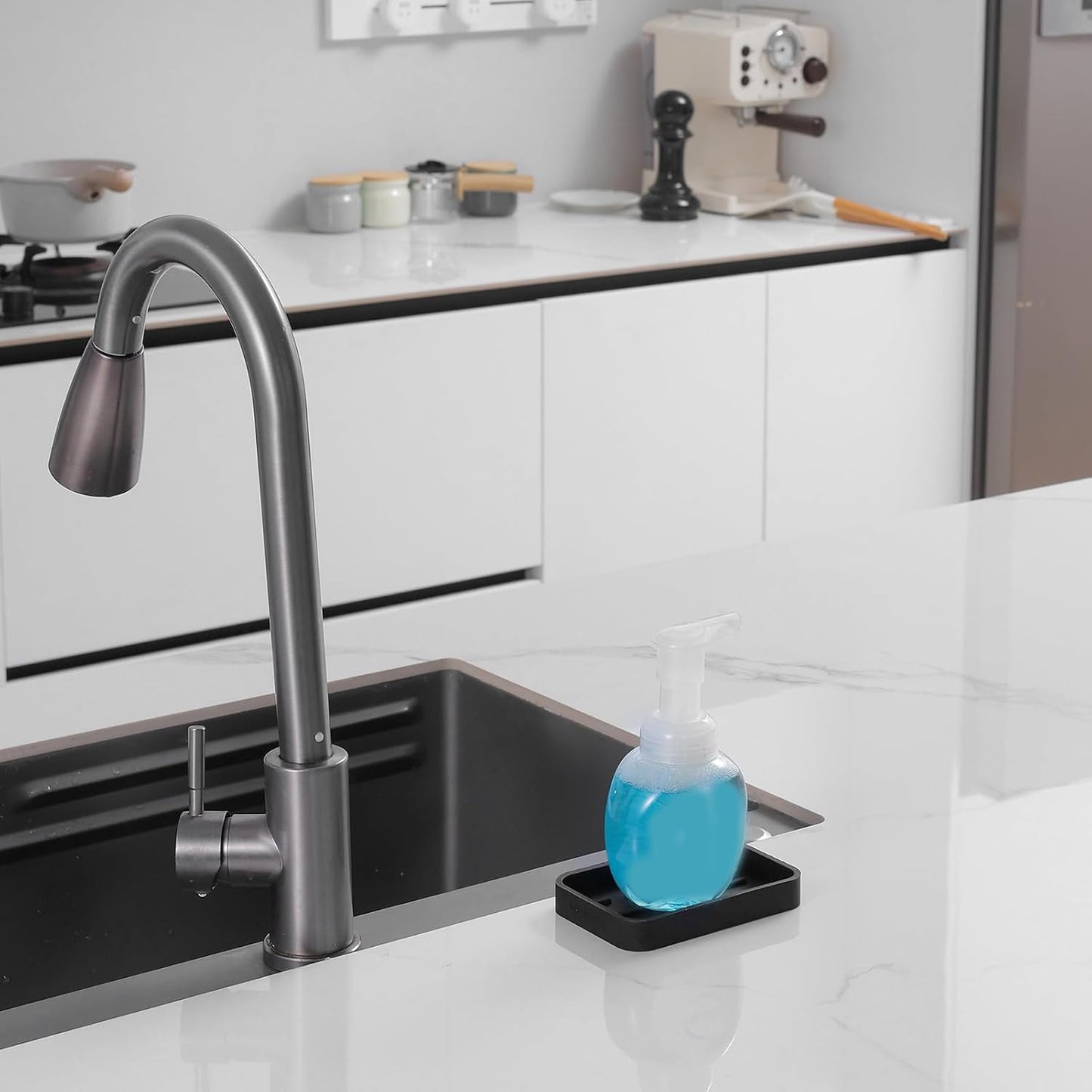 Silicone Kitchen Sink Organizer Tray for Multiple Usage,Easy Clean Sponges Holder for Kitchen Bathroom Counter or Sink,Dish Soap Dispenser,Scrubber,Bottle,Cup Black 4.9”x 3.2”