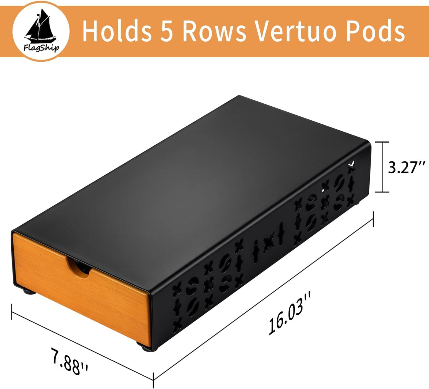 Flagship Coffee Pod Holder for Nespresso Vertuo Pod Organizer Fits All Vetuo Pods Black Metal With Wood Handle