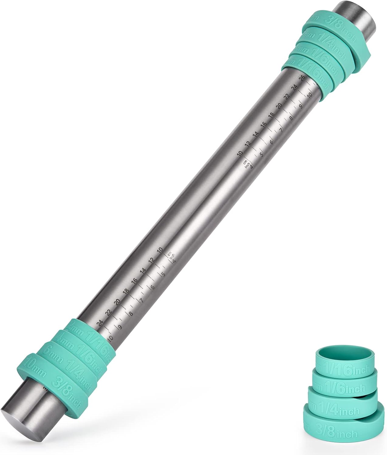 U-Taste 18/8 Stainless Steel 16 inch Adjustable Rolling Pin with Silicone Removable Thickness Rings, Nonstick Kitchen Roller Pin for Baking Cookies Pastry Pizza Pasta Dough Fondant (Teal/Aqua Sky)