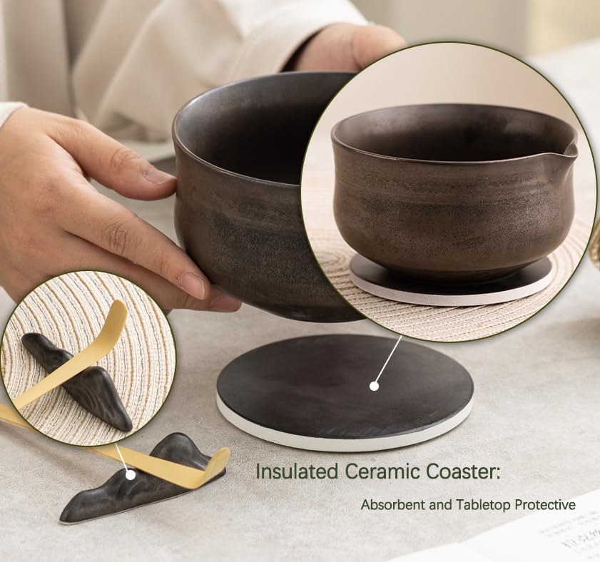Matcha Whisk Set, Matcha Bowl with Spout and Coaster, Matcha Whisk and Holder, Sifter, Scoop, Spoon, Cleaning Brush - 10 Pcs Complete Ceramic Matcha Kit