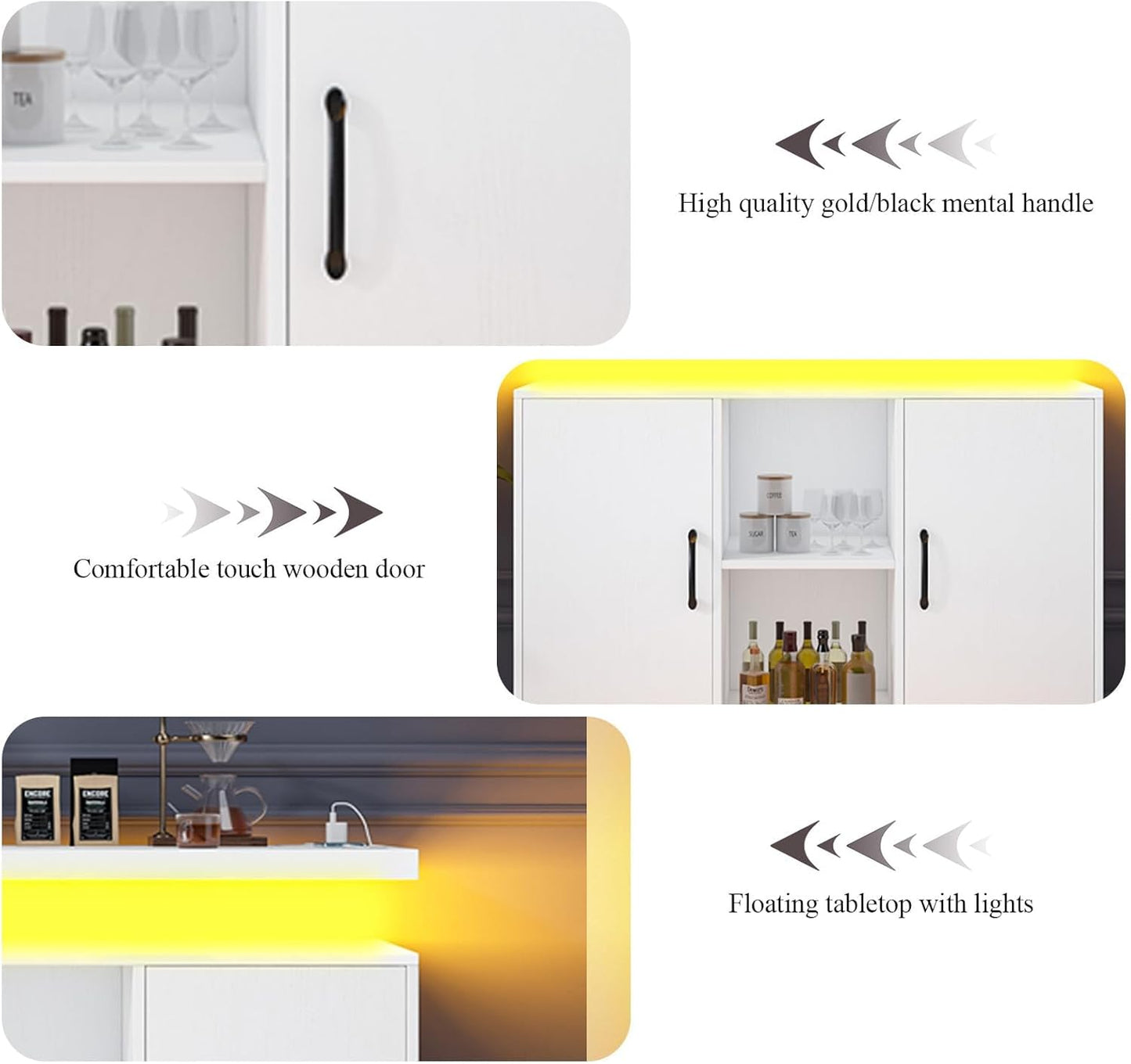 4 EVER WINNER Coffee Bar Cabinet with Led Lights, Buffet Cabinet with Floating Countertop, Modern Sideboard Buffet Cabinet with Charging Station for Living Room, Kitchen, White