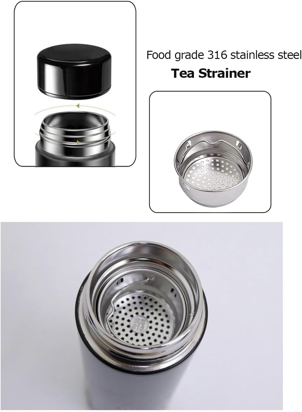 Mother of Pearl Design Stainless Steel Water Bottle with Tea Infuser Strainer 17 oz Leakproof Screw Cap Wide Mouth Double Wall Vacuum Insulated Travel Sport Water Flask Thermo Mug (Butterfly Black)