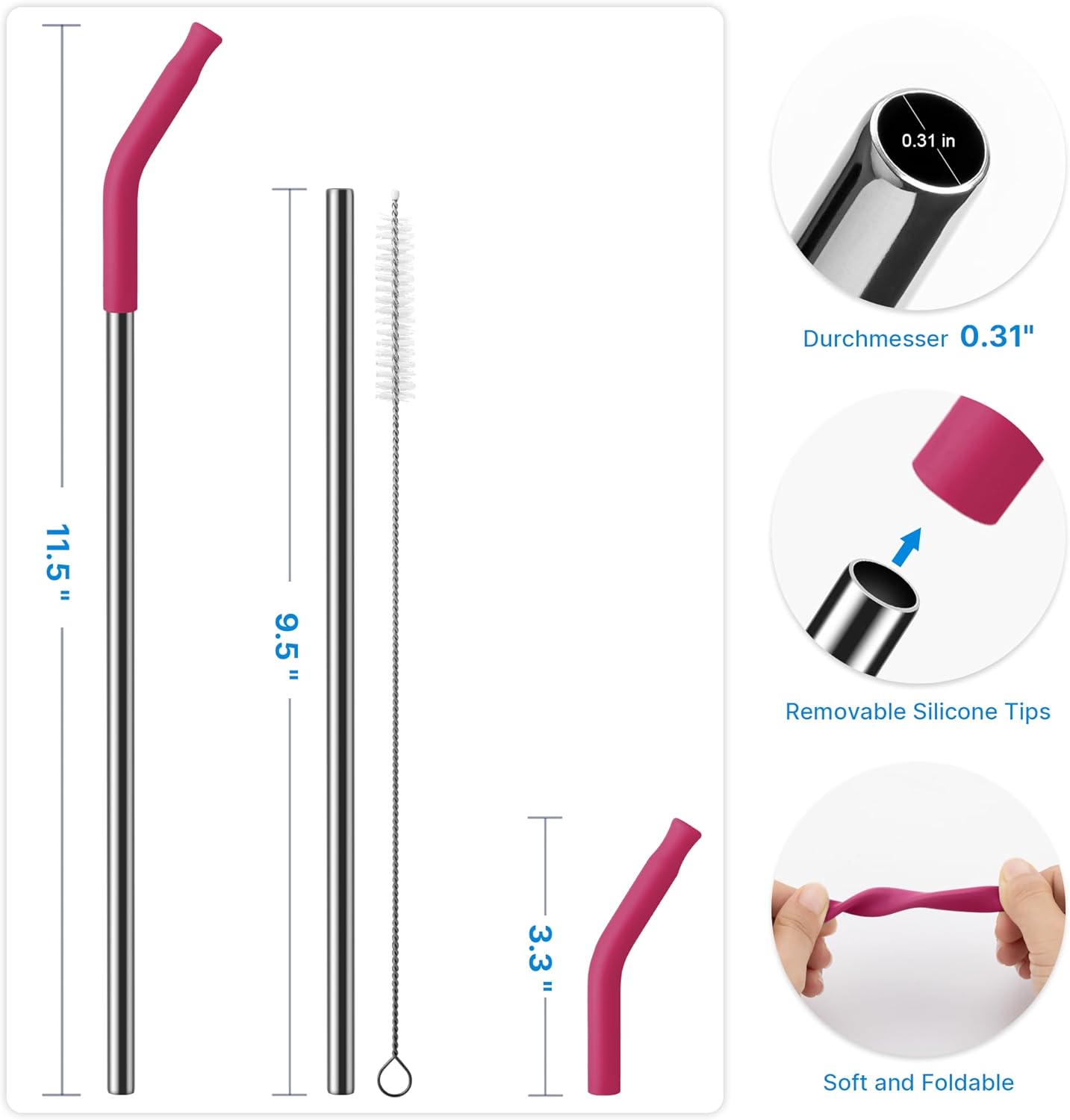 Repeatable Metal Straw with Silicone Tips for 30 oz Stanley Tumbler, 2 Pcs 30 oz Stainless Steel Straws Replacement for Stanley Tumbler, 1 Straw Brush, BPA Free（Fuchsia Red）