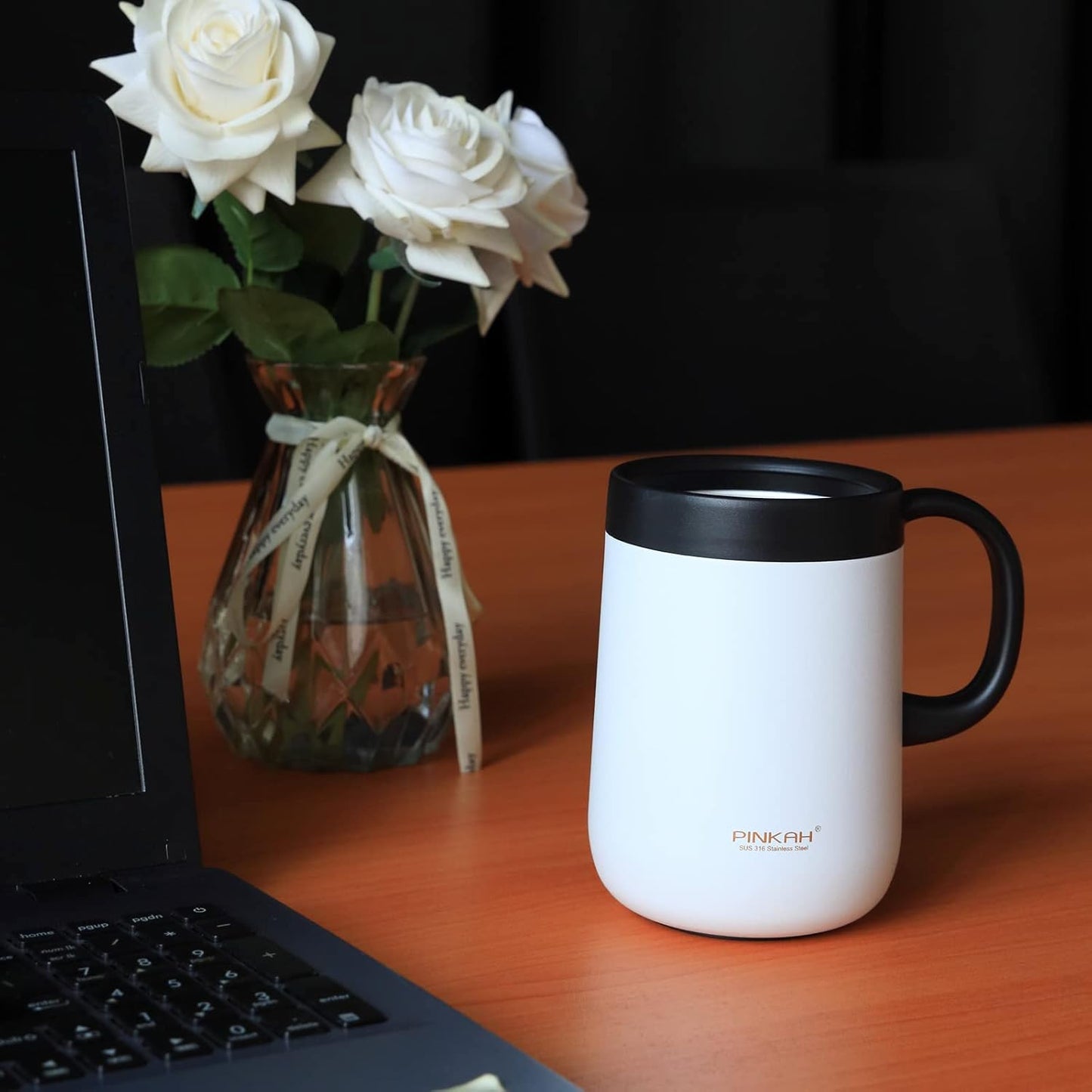 16oz Coffee Mug Cup with Handle, Insulated Stainless Steel Coffee Cup with Lid, Hot and Cold Beverages, Double Walled Vacuum Coffee Thermal Mug for Women and Men, White