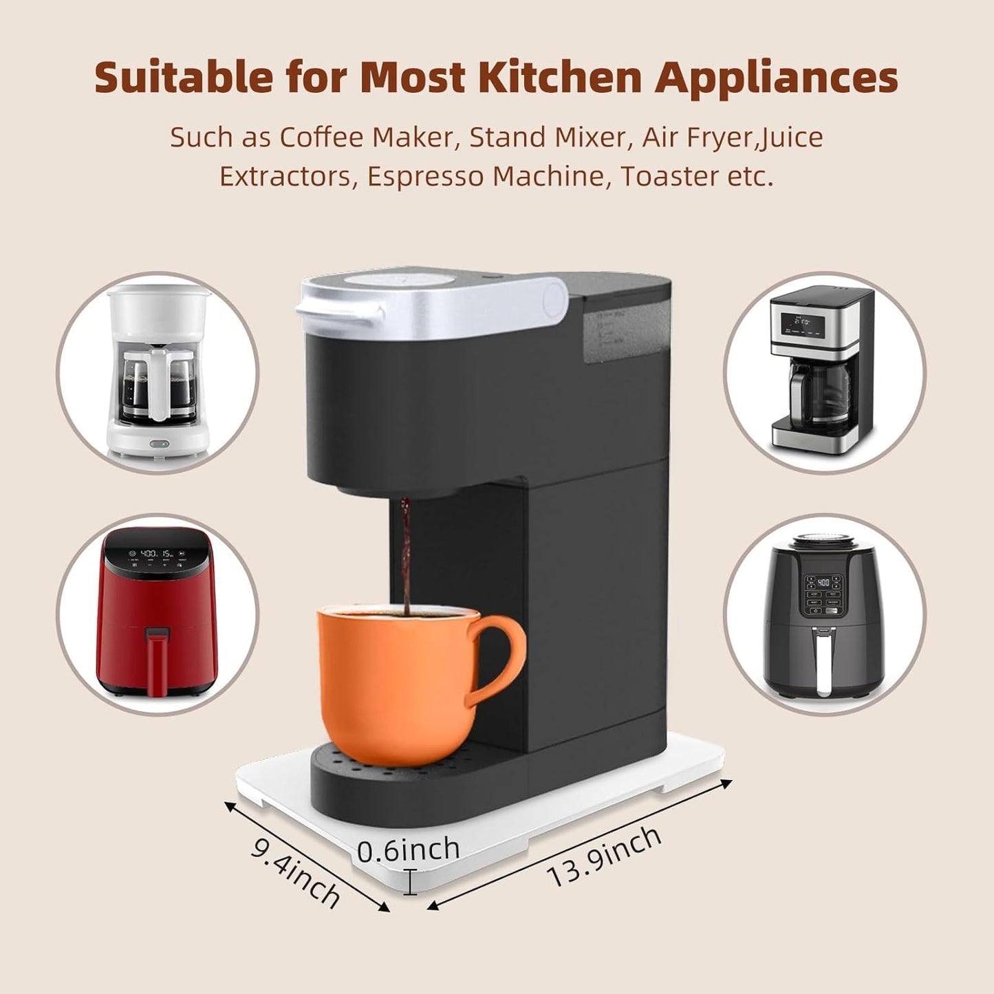 360° Rolling Tray Bamboo Appliance Slider, Appliance Sliders for Kitchen Appliances Sliding Tray for Coffee Maker Appliances Mat Easily from Under The Cabinet White(13.9"×9.4")